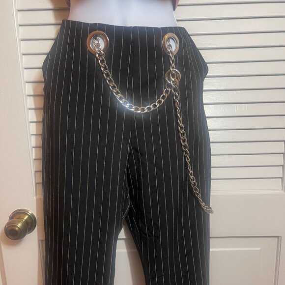 Black Pinstripe Chain Detail Pants S - Picture 2 of 7
